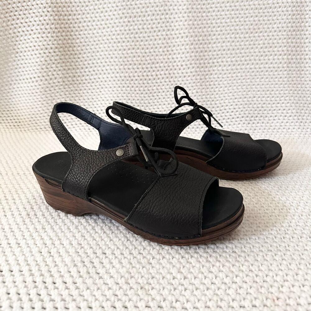Sanita Black Leather Wooden Platform Olivia Lace Up Gladiator Sandal Clogs 40